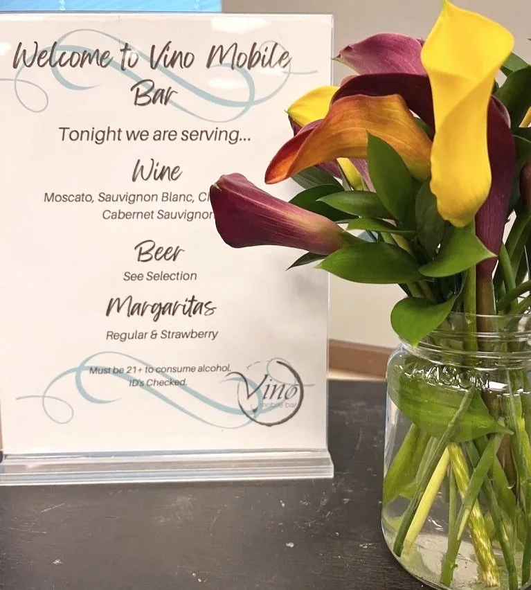 Custom drink menu featuring curated wine, beer, and cocktail selections by Vino Mobile Bar