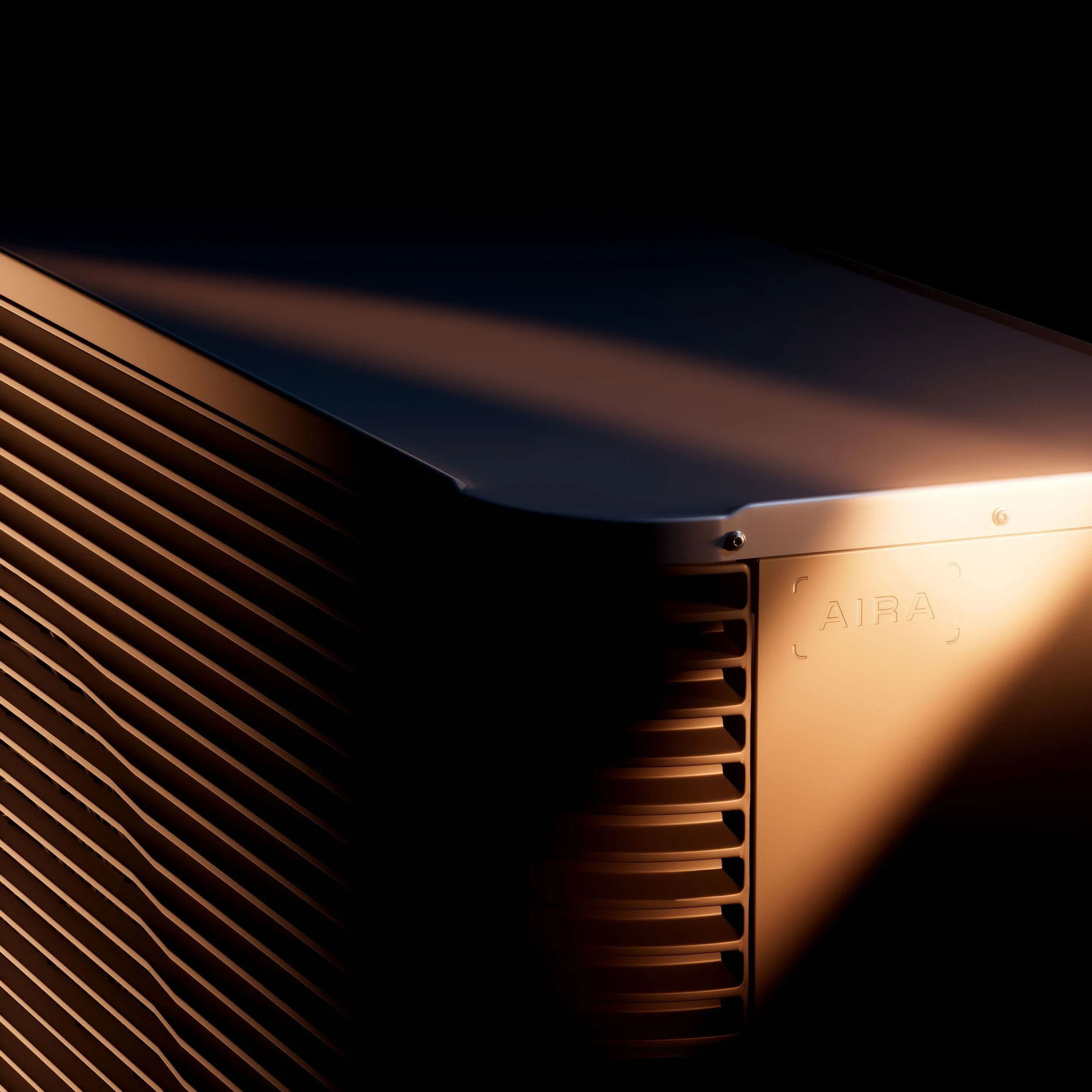 Close up image of a heat pump outdoor unit in metal with soft yellow light
