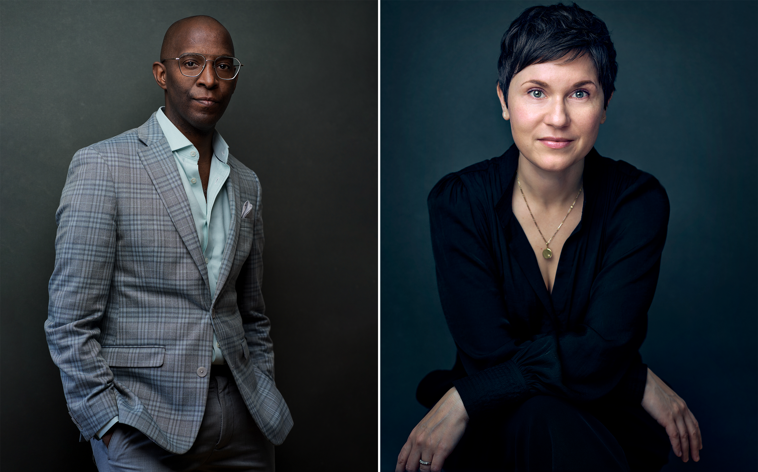 Two photos of a man and woman, one set against a black background and the other against a white background.