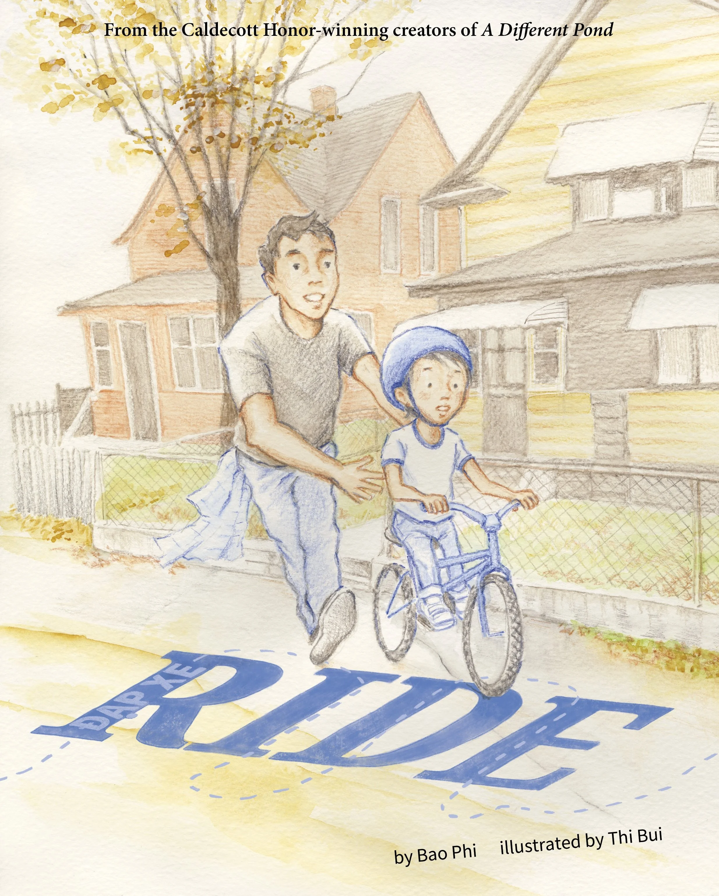 Front cover of Ride/Dap Xe, showing a young Vietnamese boy on a bike, his father guiding him from behind.