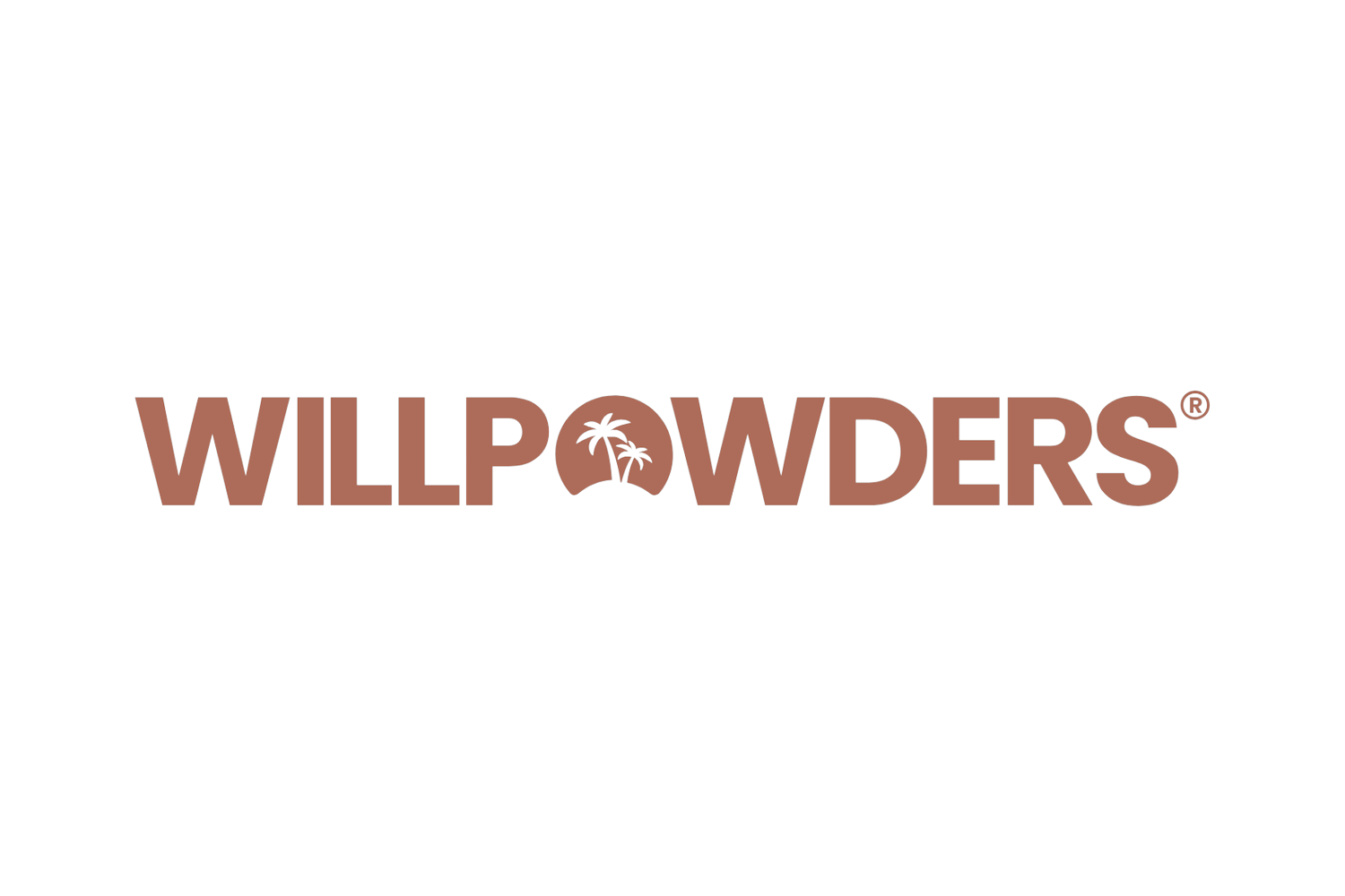 Willpowders logo with black background, brown text, and a palm tree graphic inside the 'O' in 'WILL'.