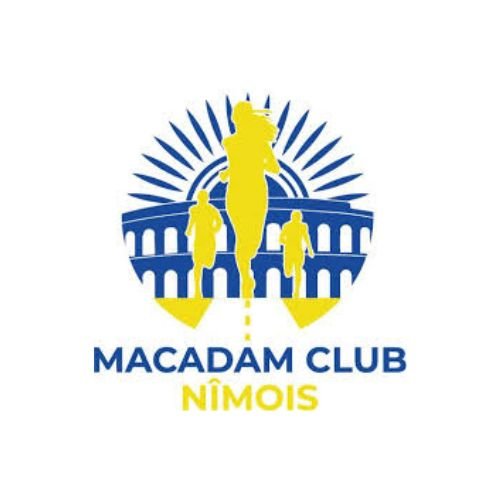 Logo du Macadam Club Nîmois avec une silhouette de coureur central et deux autres coureurs en arrière-plan, avec un pont et un soleil stylisé.