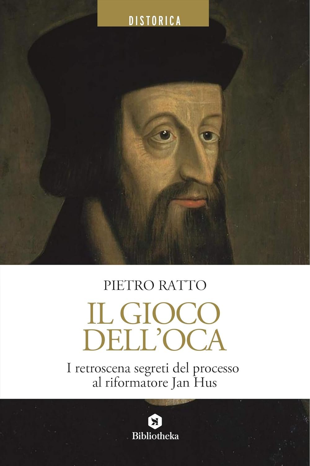Copertina del libro 'Il gioco dell'oca' di Pietro Ratto, con un ritratto di un uomo con barba e cappello, stile dipinto storico.