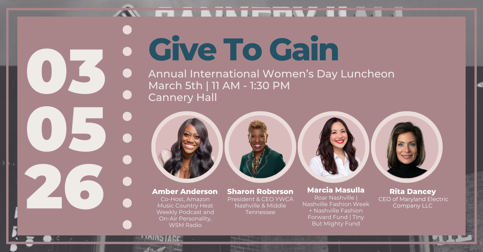 In Person | Annual International Women’s Day Luncheon at Cannery Hall