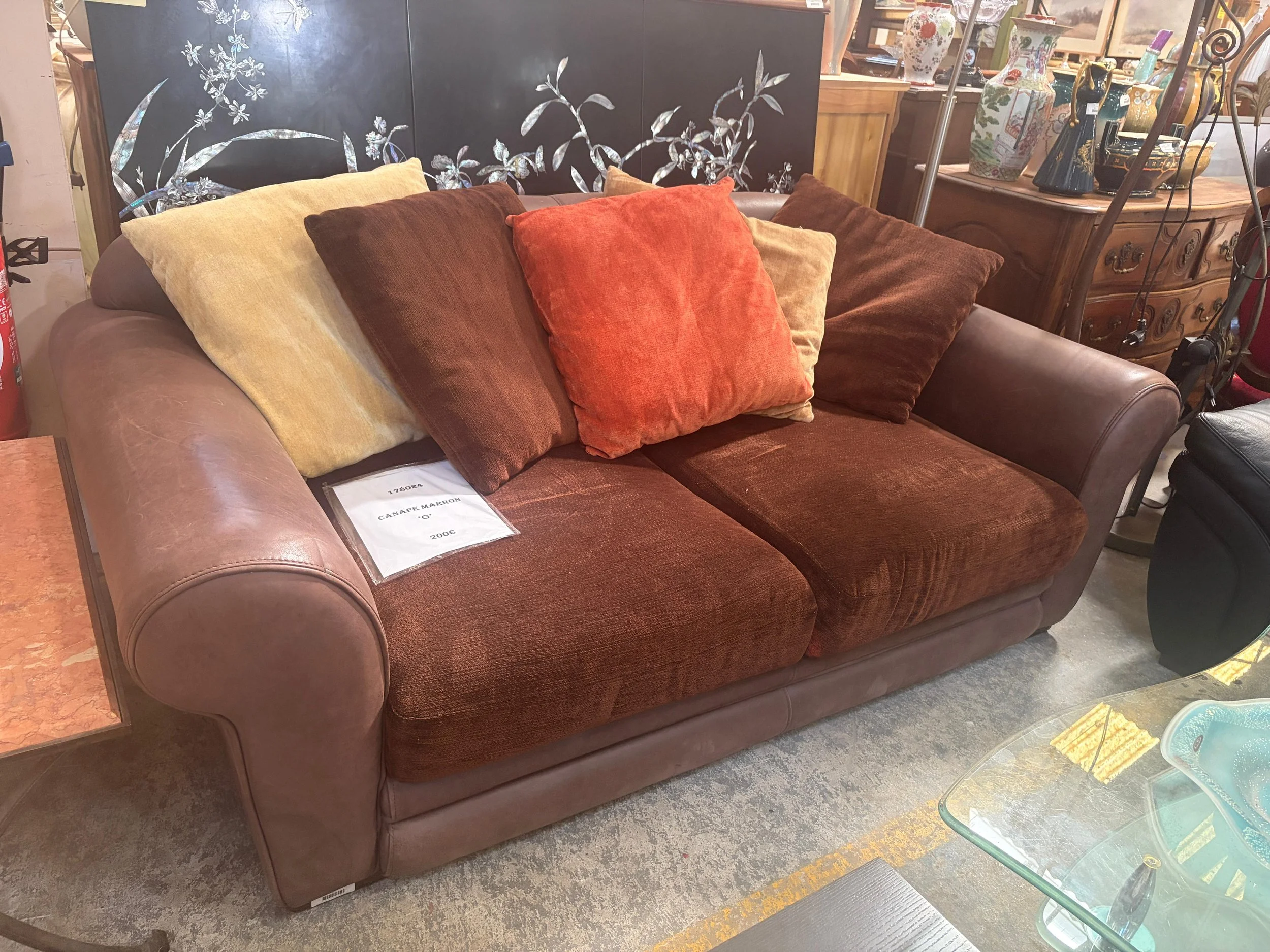 Canapé Marron Cuir &amp; Tissu - 200€