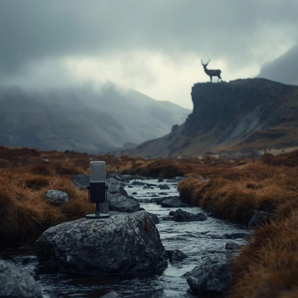 ai generated image of a podcast microphone resting on a rock next to a highland stream