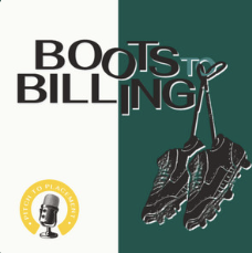 A graphic image with the words "BOOTS BILLING" on the left and a pair of cowboy boots hanging from a hook on the right, with a yellow circle featuring a microphone icon and the words "TURNED TO PLACE."