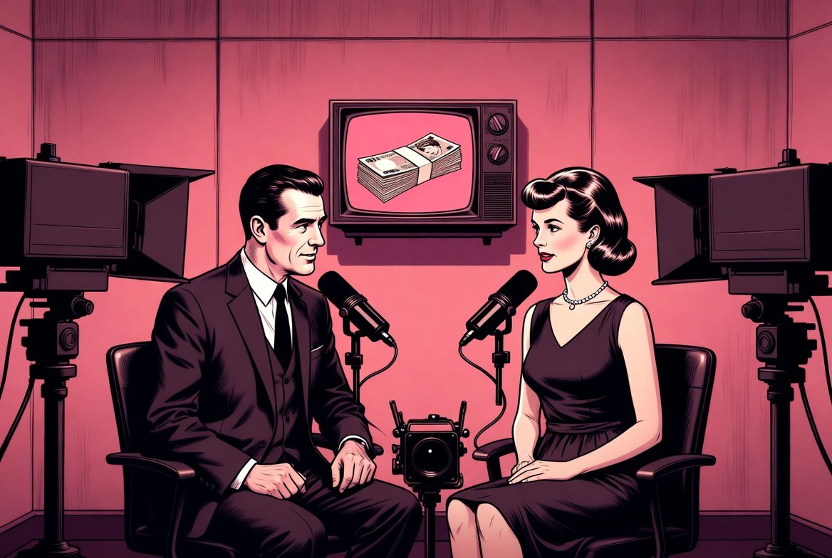 A 1960s comic book illustration of a man and woman in a podcast studio with vintage cameras and a CRT TV.