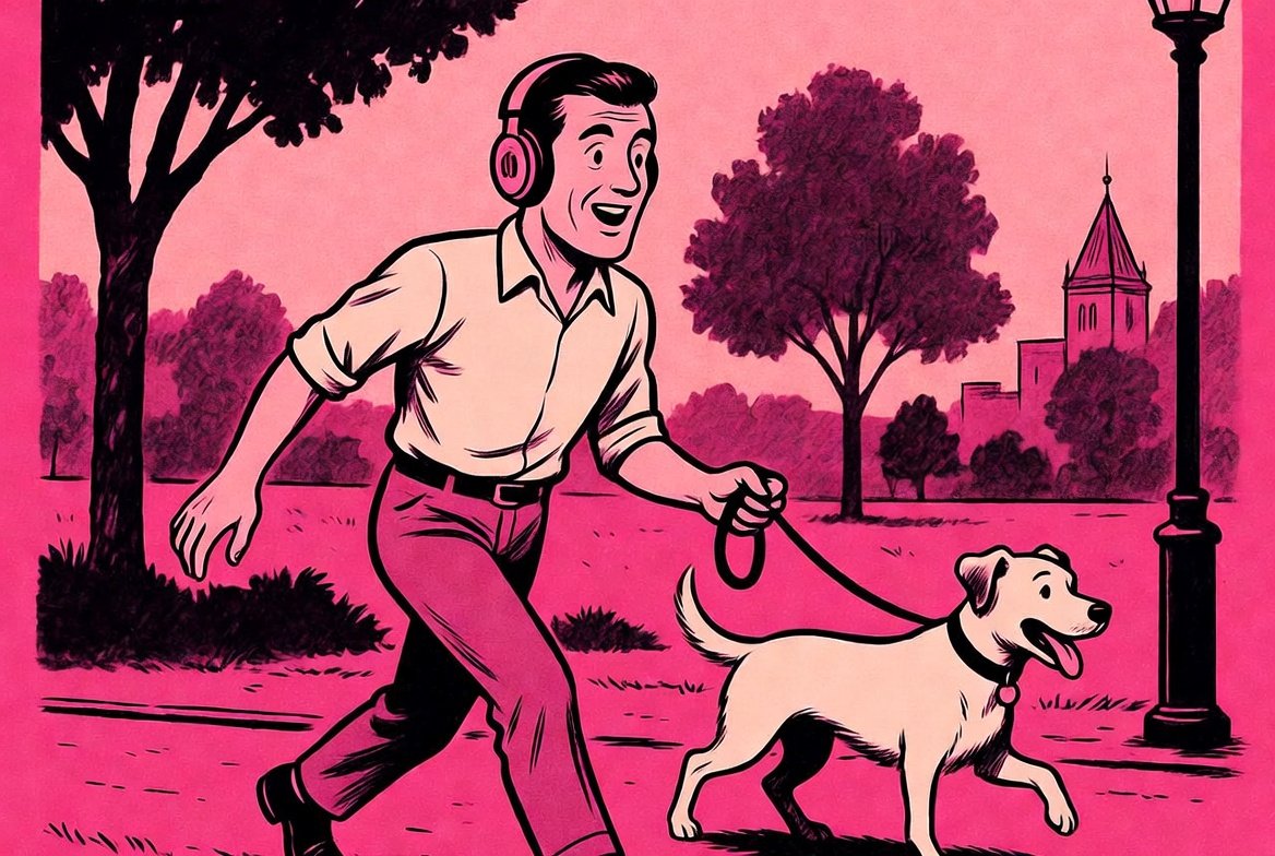 A 1960s comic book illustration of a man walking a dog in a Glasgow park, with vintage style and bright magenta accents.