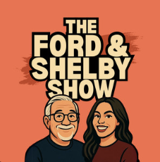 Logo for The Ford & Shelby Show featuring cartoon illustrations of a man with glasses and a woman, set against a coral background.