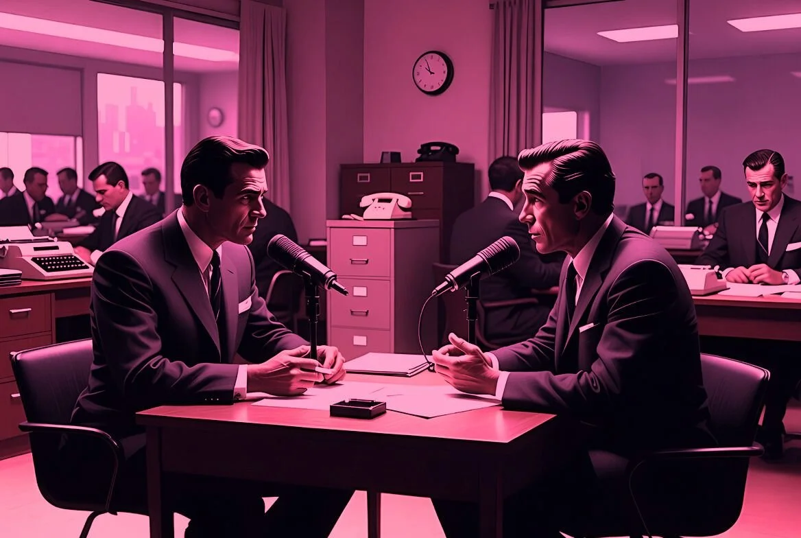 a 1960s style Mad Men inspired illustration showing two businessmen in sharp suits recording a podcast in a crowded mid-century modern office, vintage microphones on the desk, retro furniture and decor, dramatic lighting