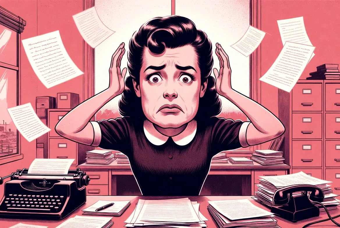 A 1950s cartoon-style illustration of a frustrated woman in a cluttered office, evoking workplace stress.