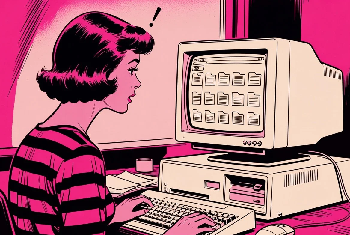 A 1960s comic book illustration of a woman interacting with an 1980s desktop PC in a simple room.
