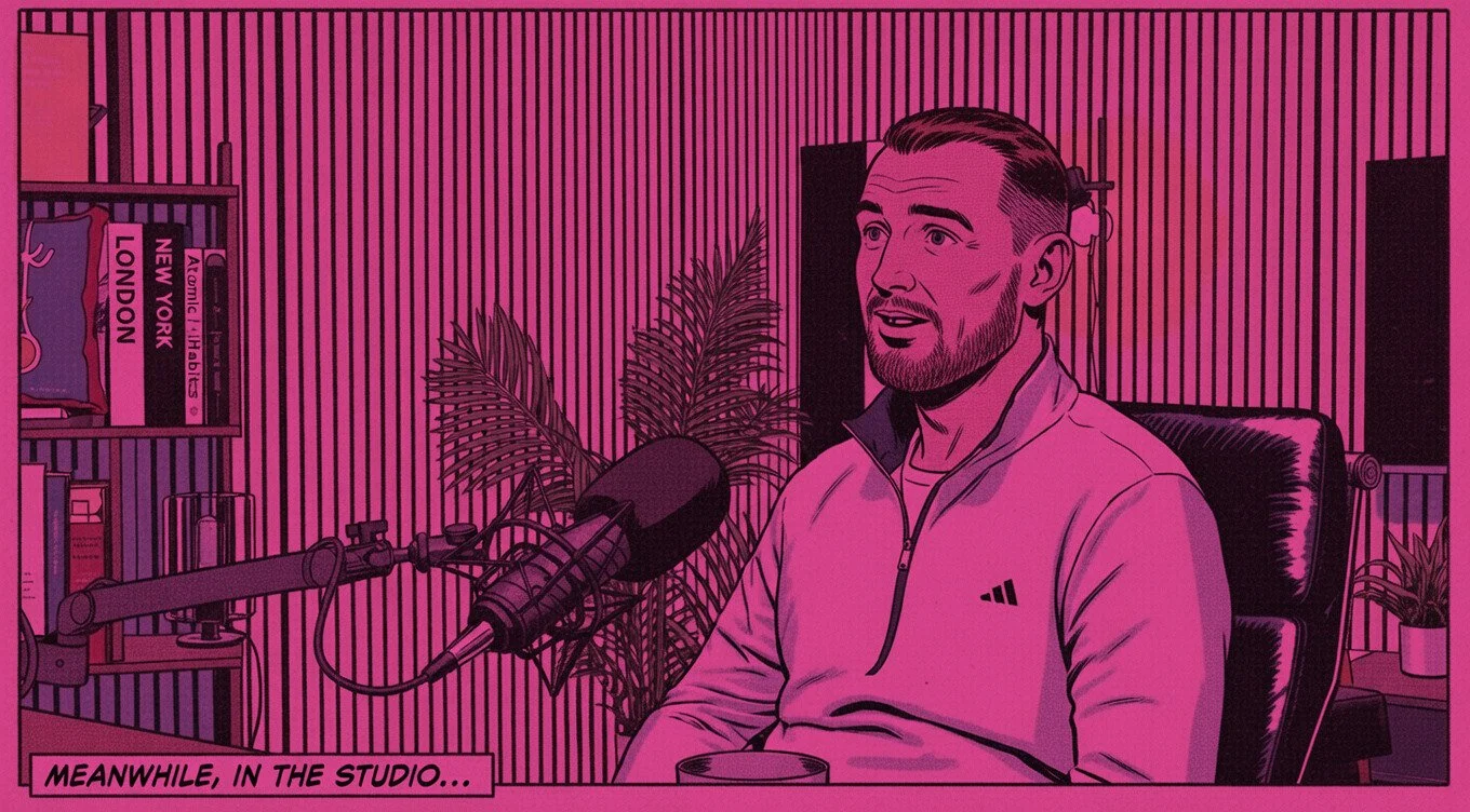 1960s style comic book image of a bearded man recording a podcast