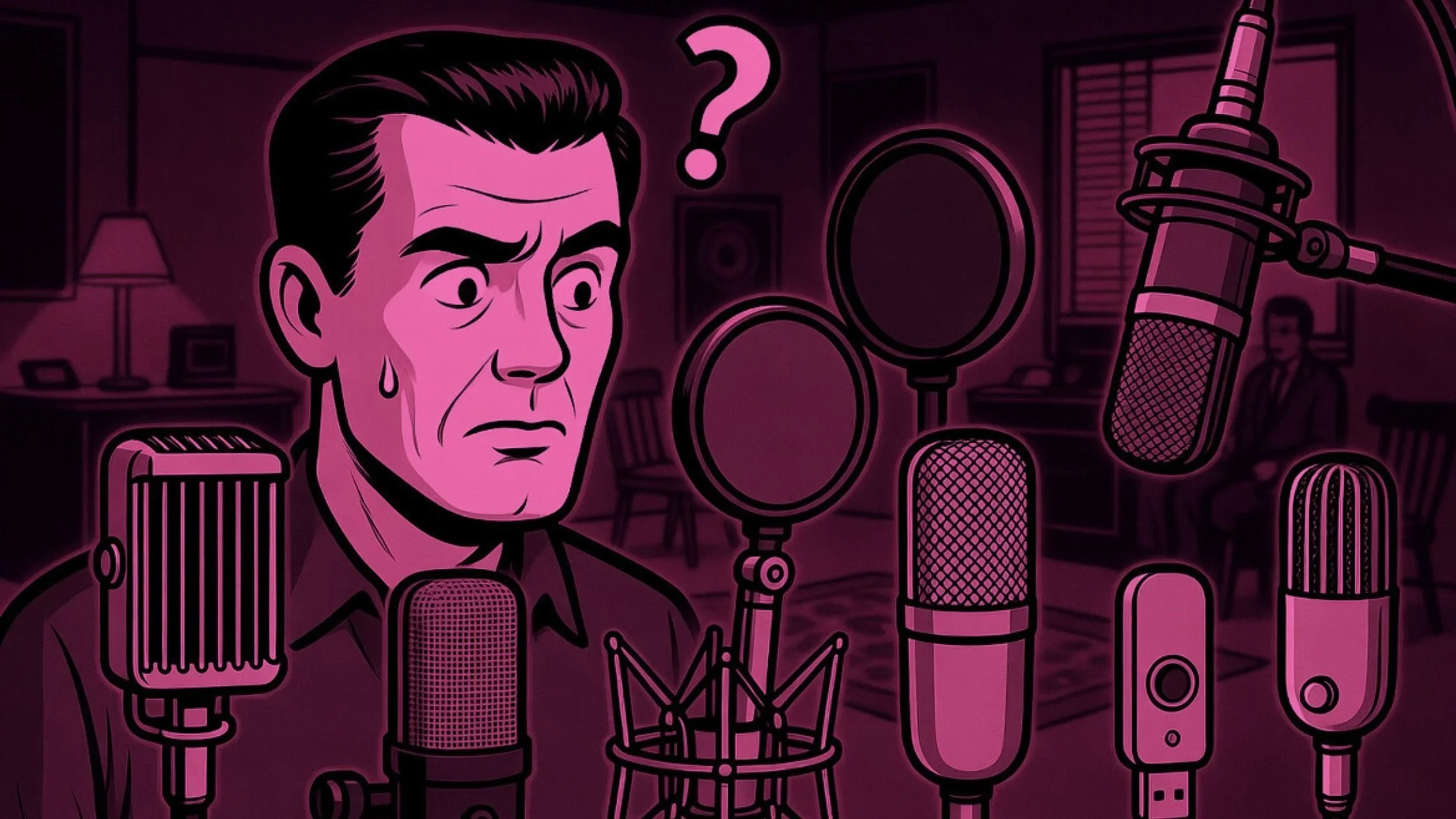 A 1960s comic-style illustration of a confused man examining microphones in a dimly lit studio.