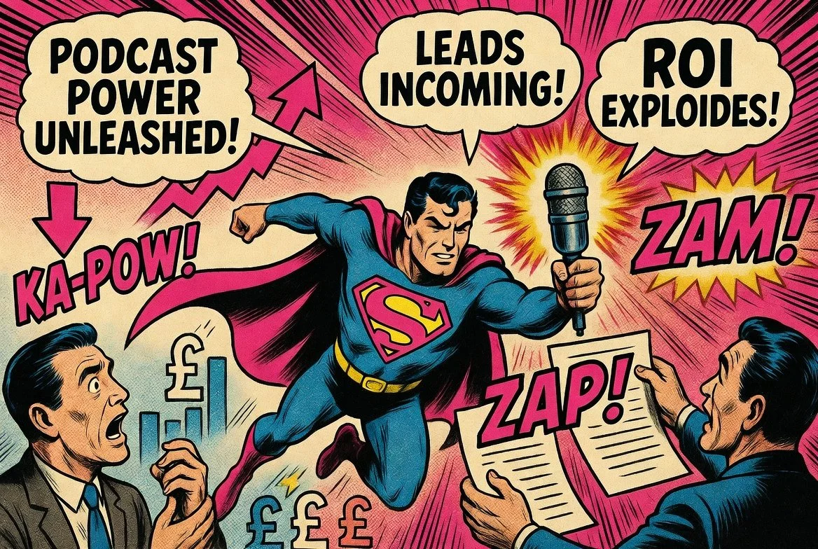 dramatic comic book cover-style illustrating b2b marketing from podcasts