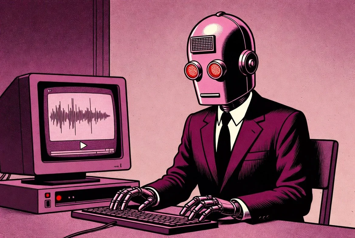 a 1950s comic book style image of a robot working at a computer editing a video podcast.