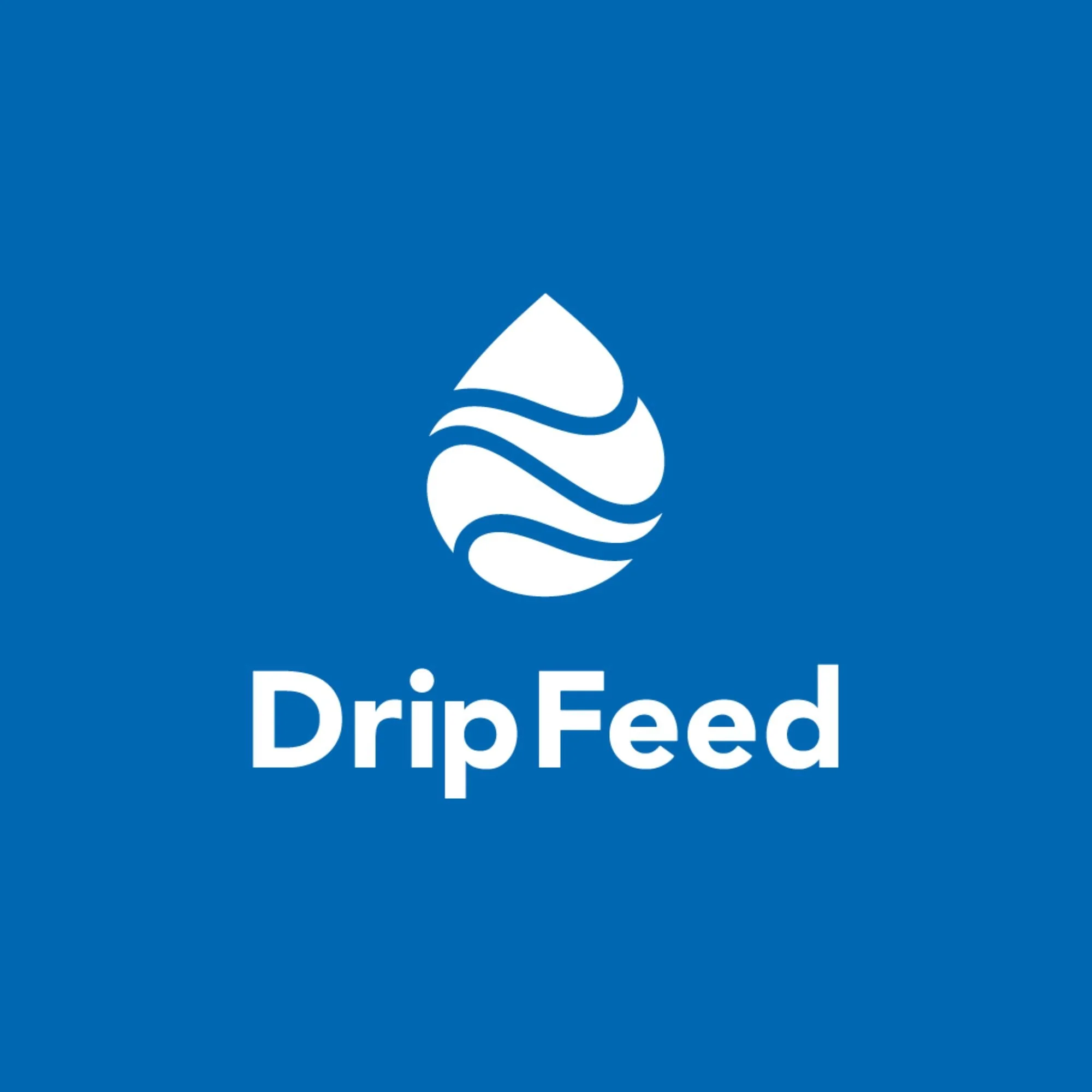 Drip Feed logo with water drop and wave design on blue background.