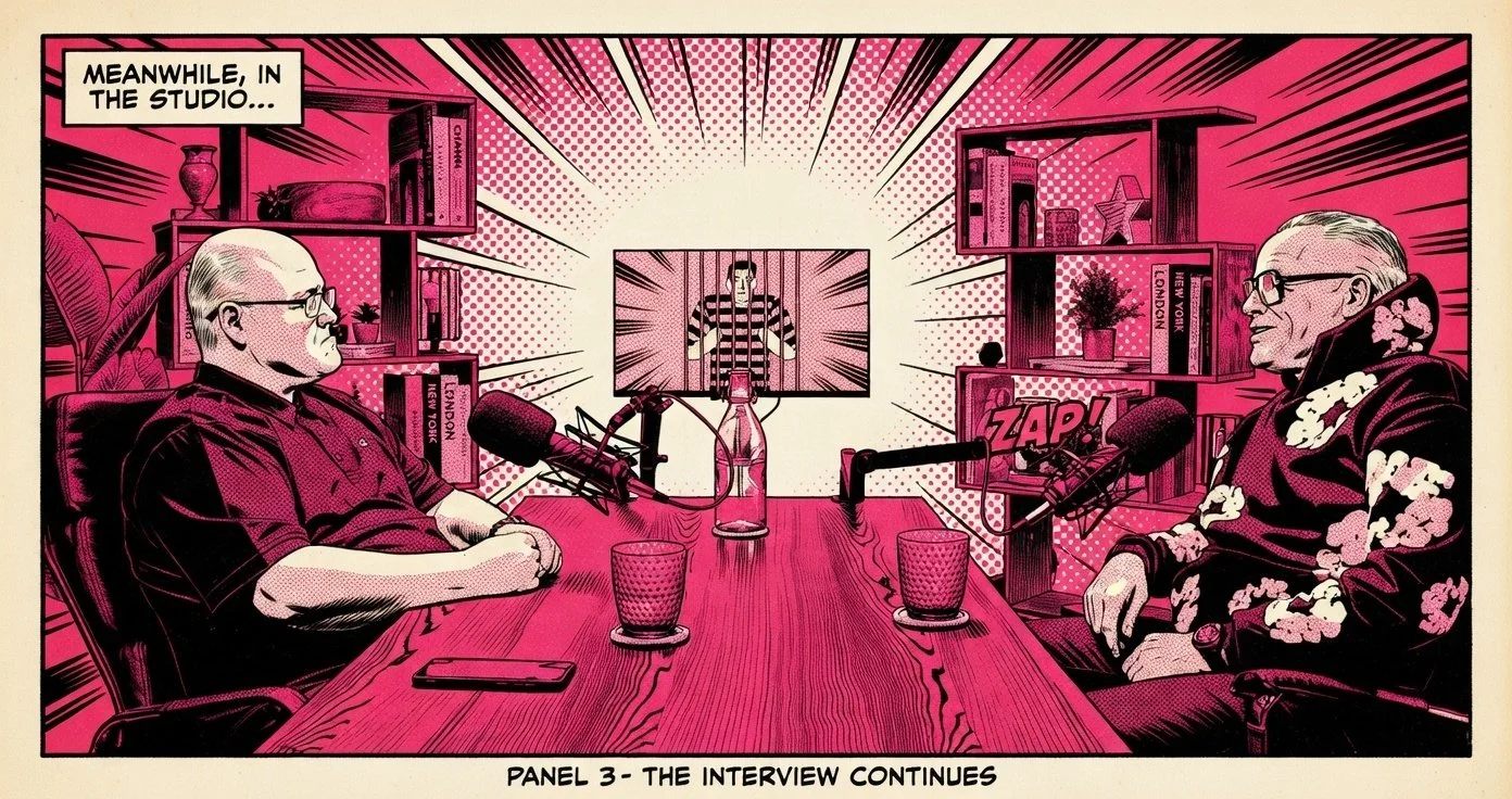 stylised DC comic book image of two men sitting at a table recording a podcast