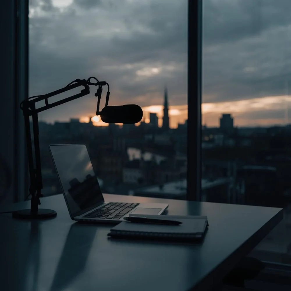 photo of a laptop and podcast microphone on a desk, the sun sets outside the window