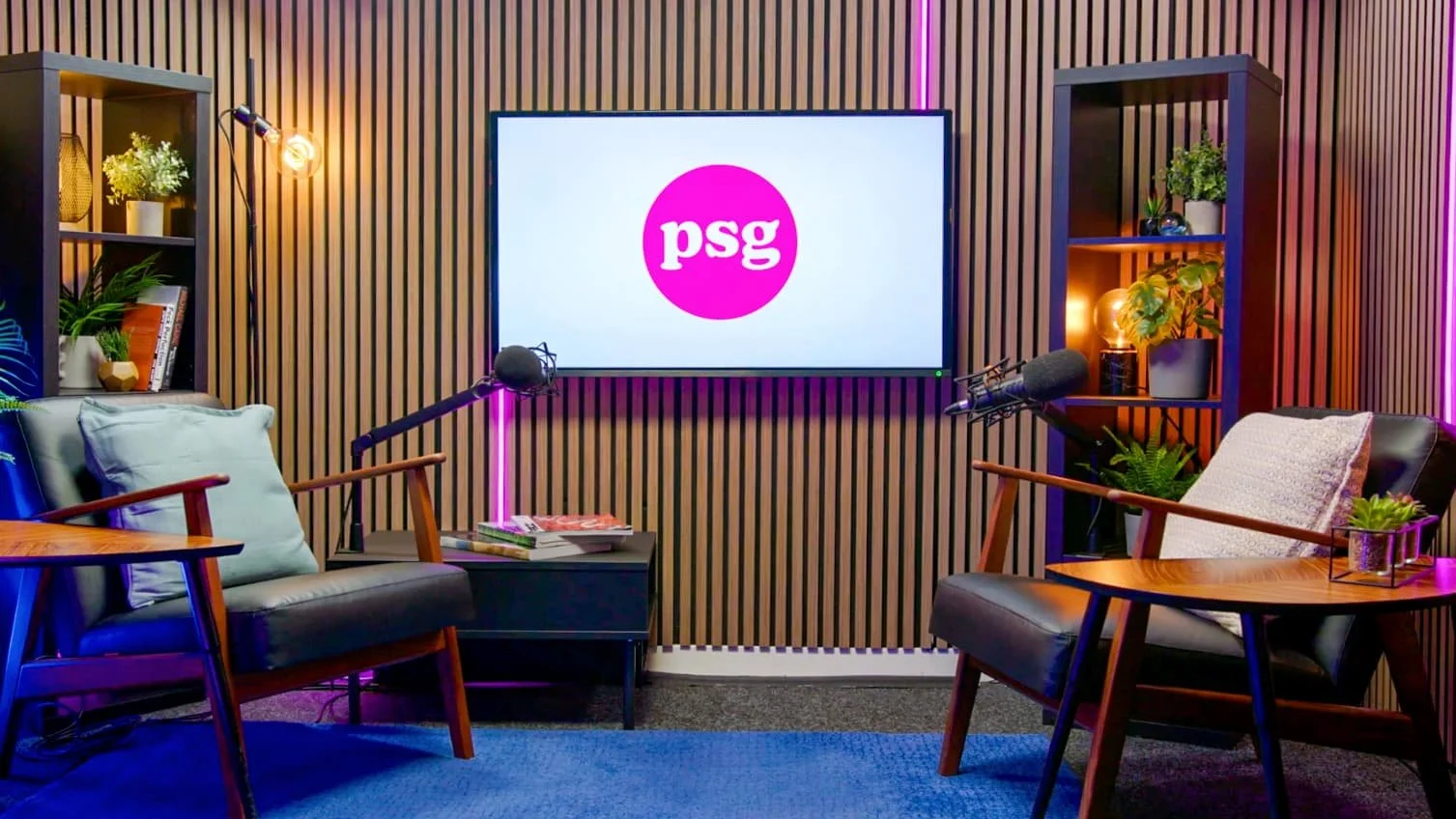 a photo of the fireside set in the Podcast Studio Glasgow in the city of Glasgow