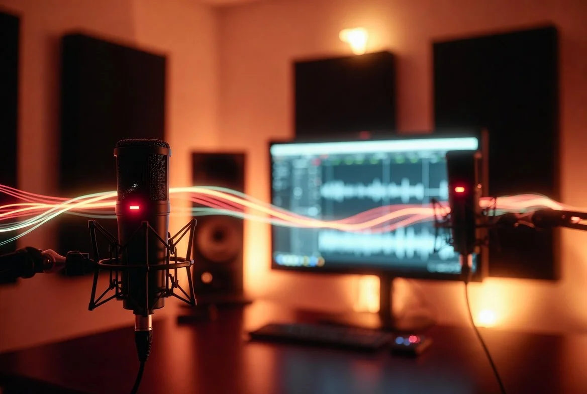 A modern podcast studio with microphones, laptop, and glowing lines suggesting AI assistance, in warm lighting.