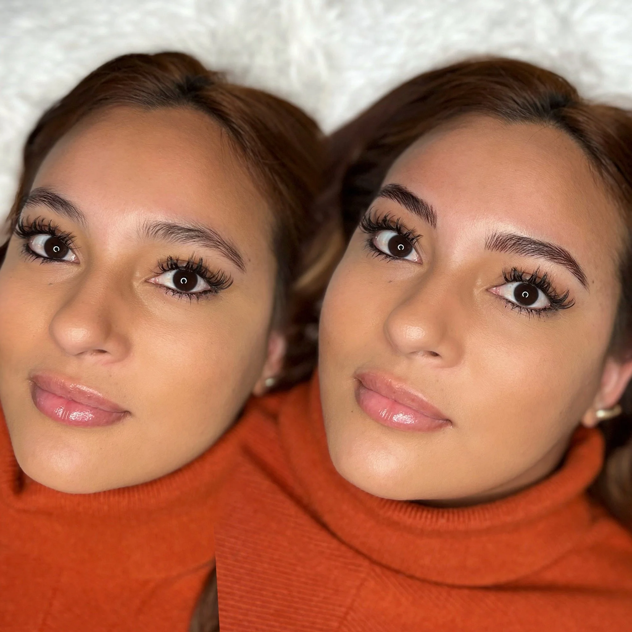 before and after of permanent eyebrow results showing soft, natural eyebrows