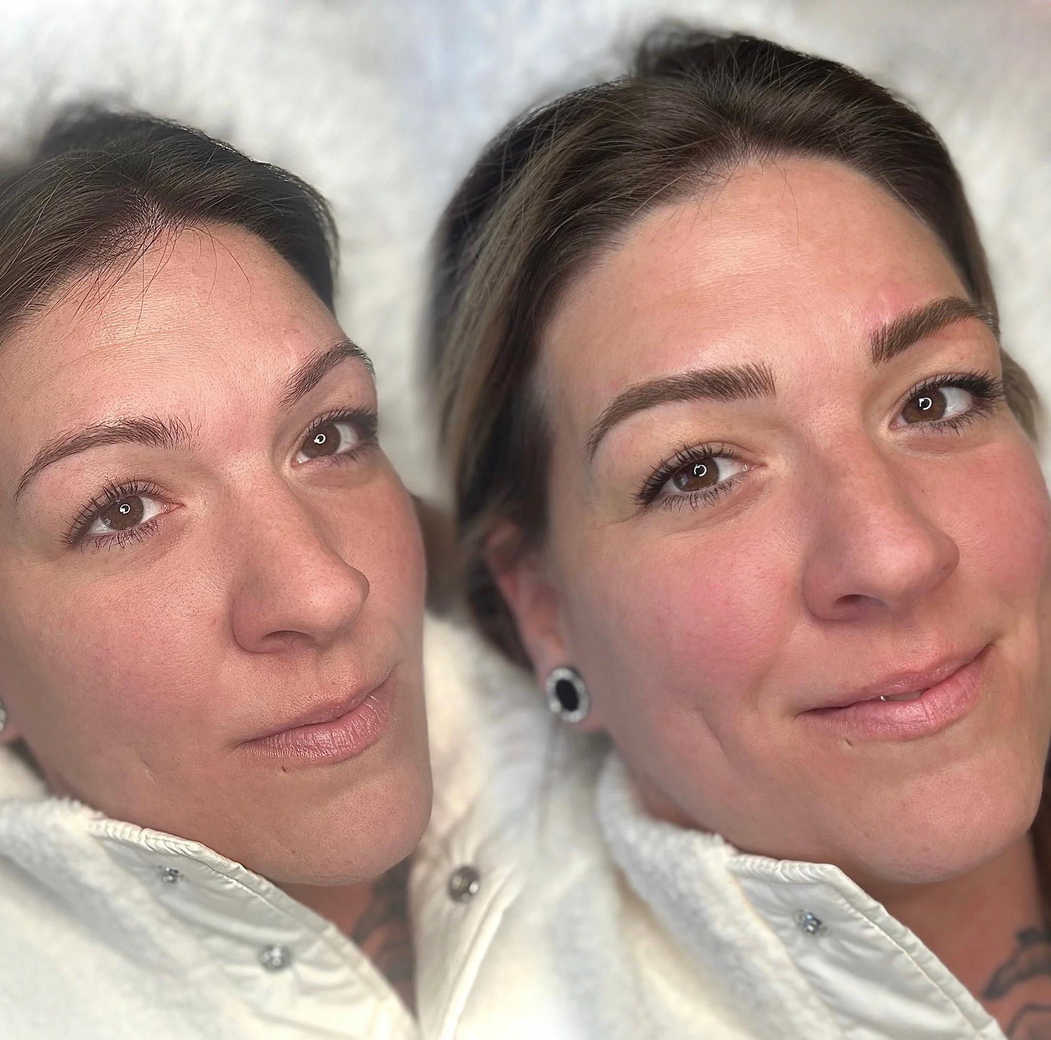 before and after of permanent eyebrow results showing soft, natural eyebrows
