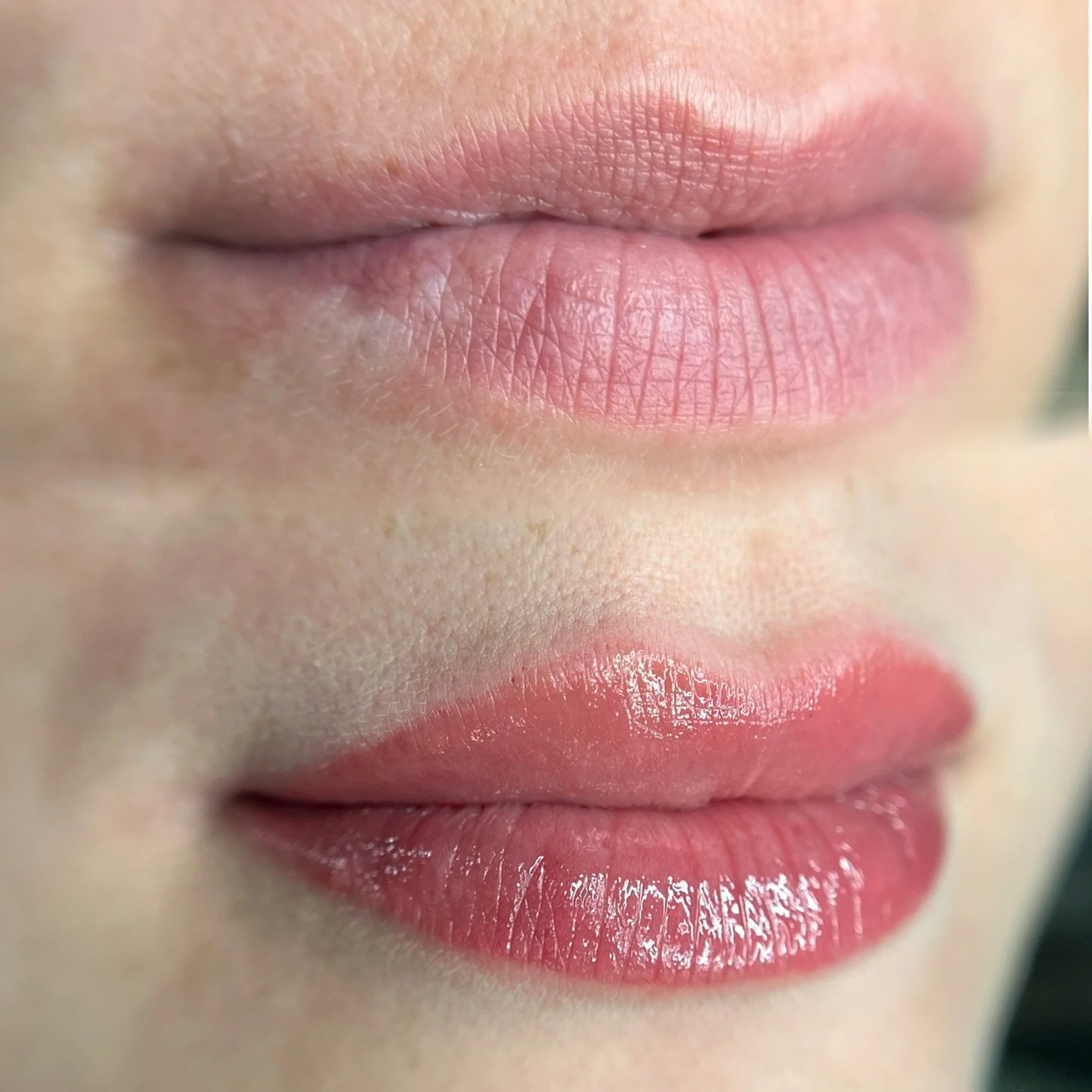 before and after of a natural lip blushing session