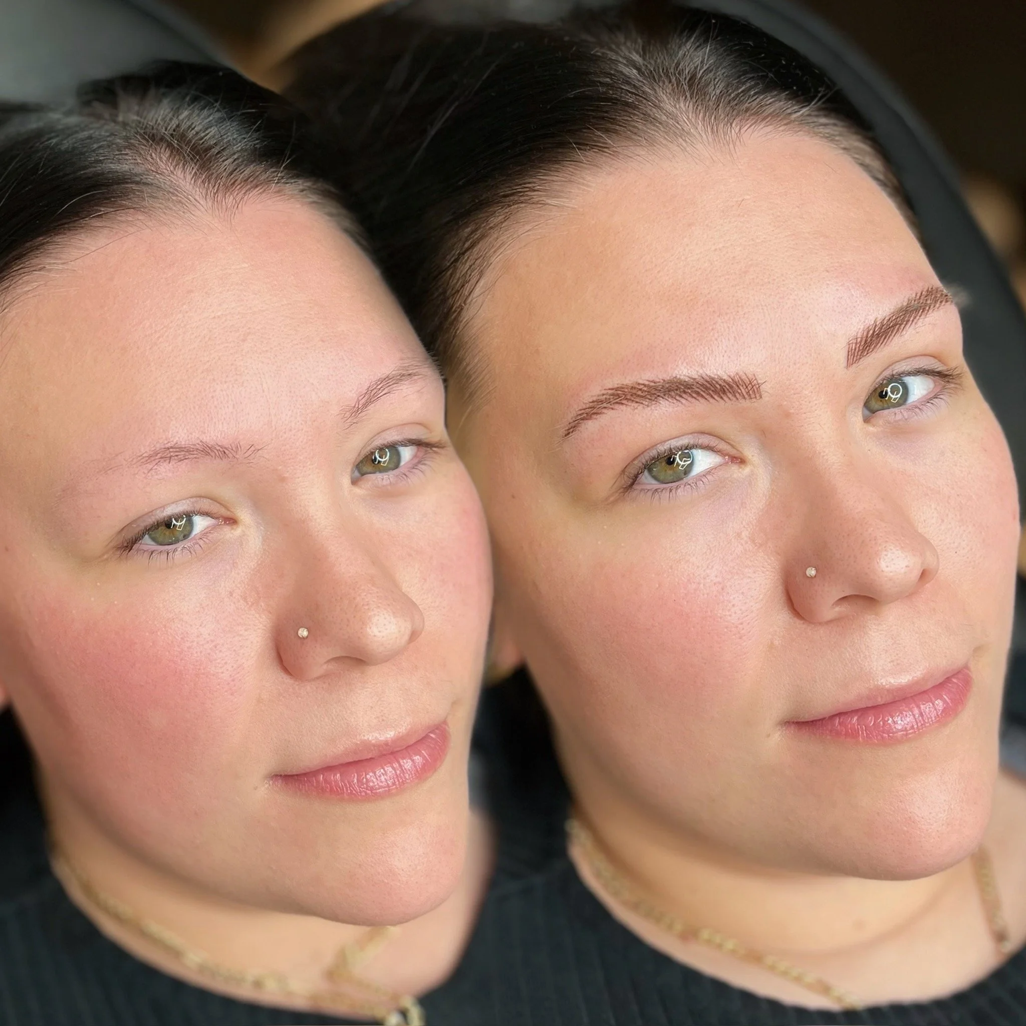 Two women lying close together with their heads touching, showcasing their clear skin and eyebrows after makeup application. Both women have nose piercings and are wearing necklaces, one with eye makeup and the other with natural look.