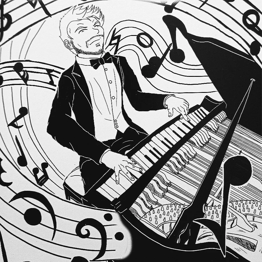 Stylized black and white illustration of a man in a tuxedo playing the piano, surrounded by swirling musical notes and staffs.