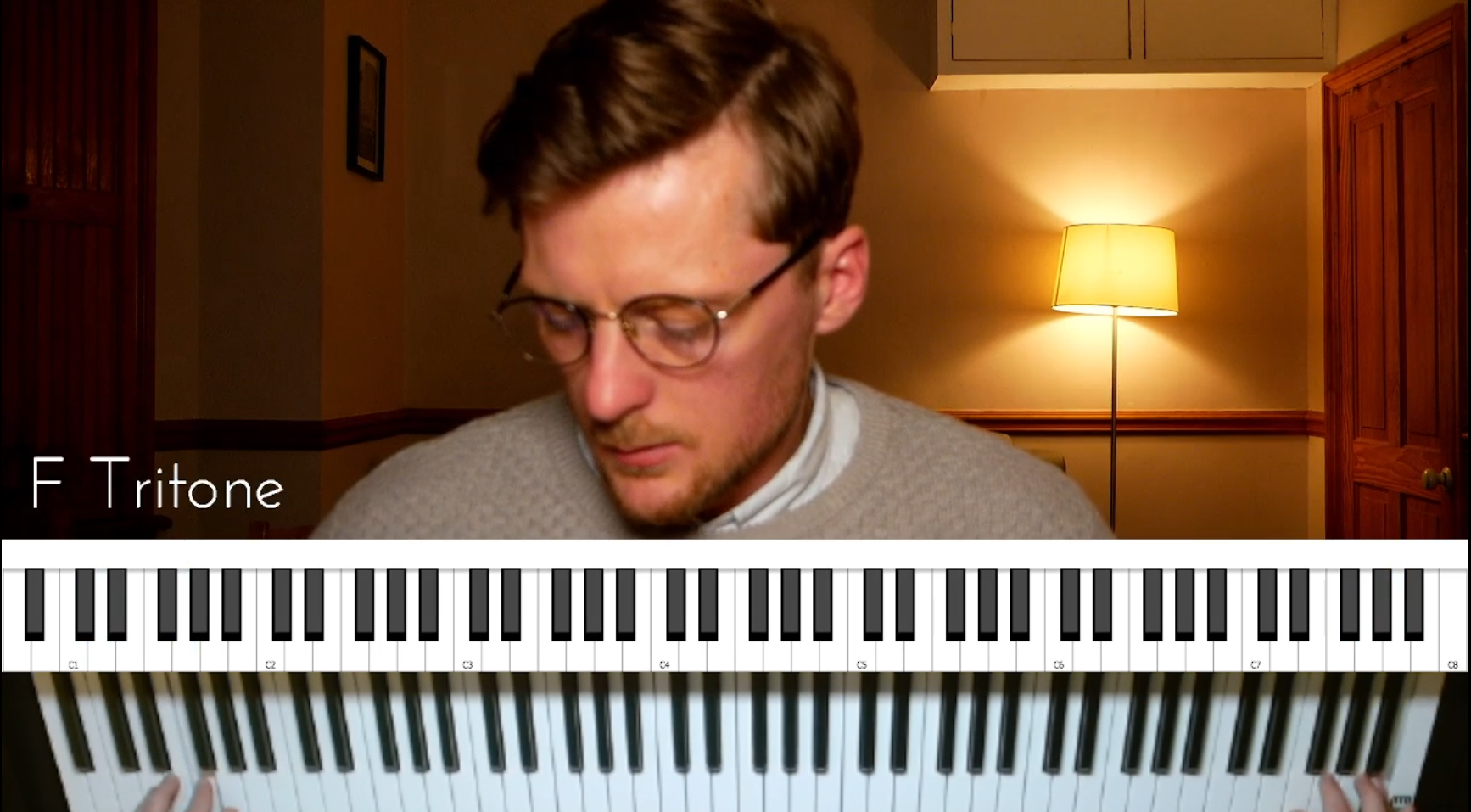 Person in a yellow jacket with closed eyes in front of a musical notes background.