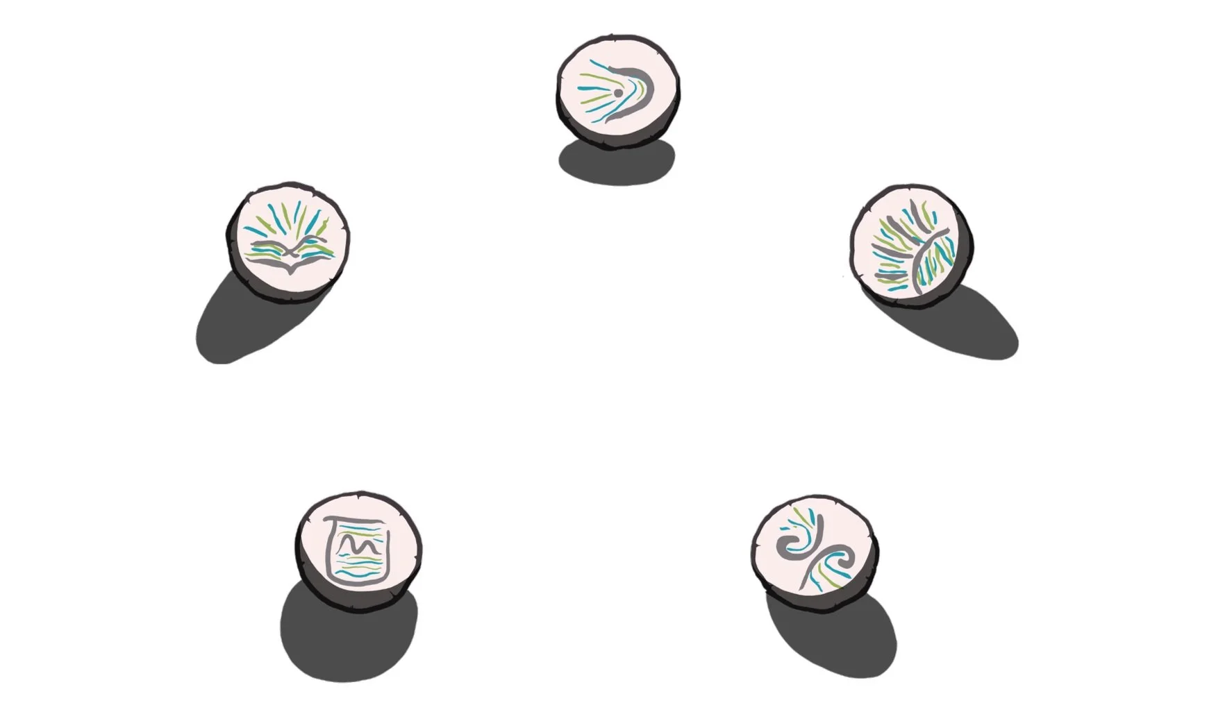 Abstract illustration of five round stones with various colored patterns on a white background.