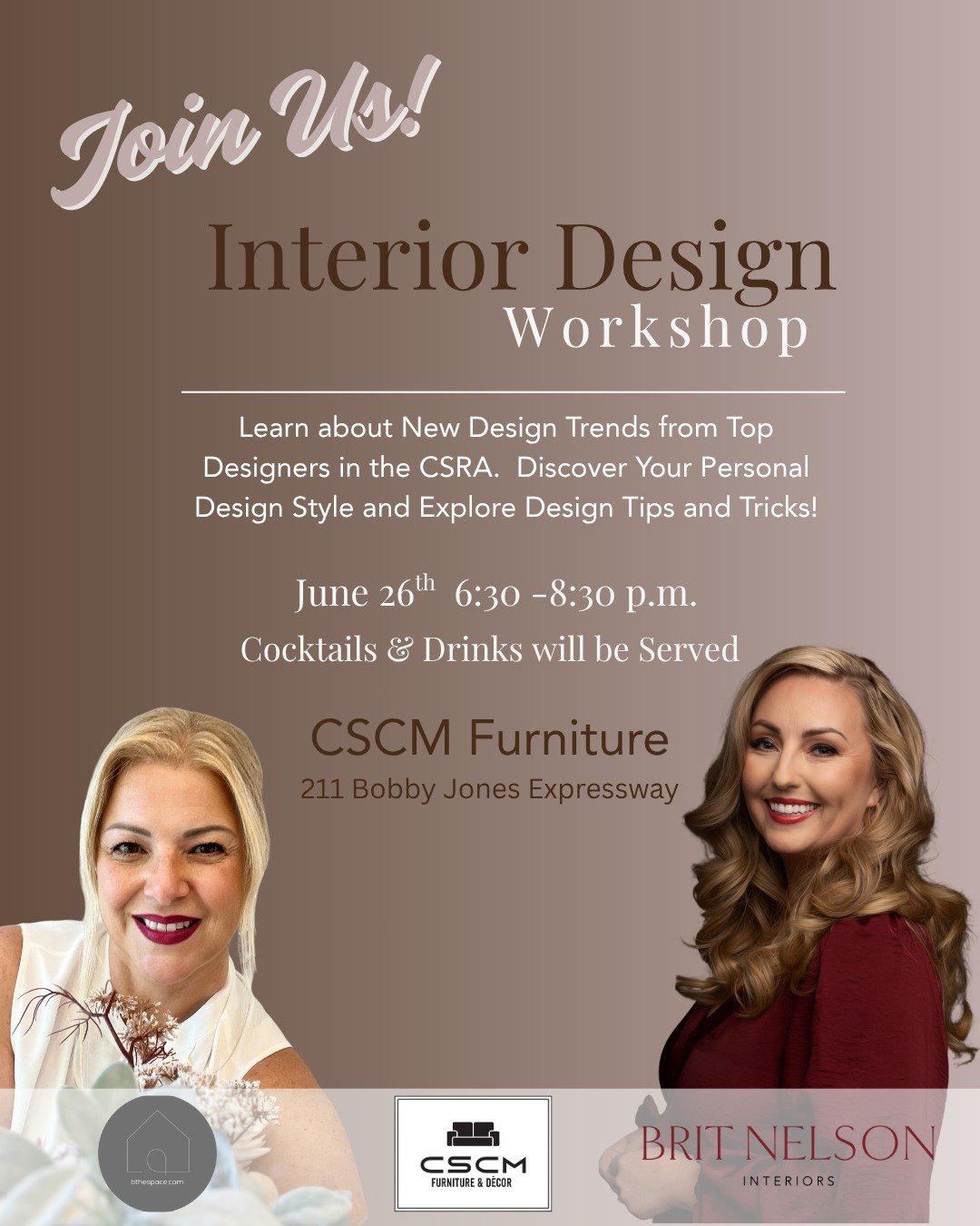 Calling all Interior Design lovers!
Interested in learning directly from  professional Interior Designers here in the CSRA? Join us for a FREE workshop on June 26th hosted by us, @cscmfurniture, and @bthespace! We can't wait to see you there!
.
.
#br