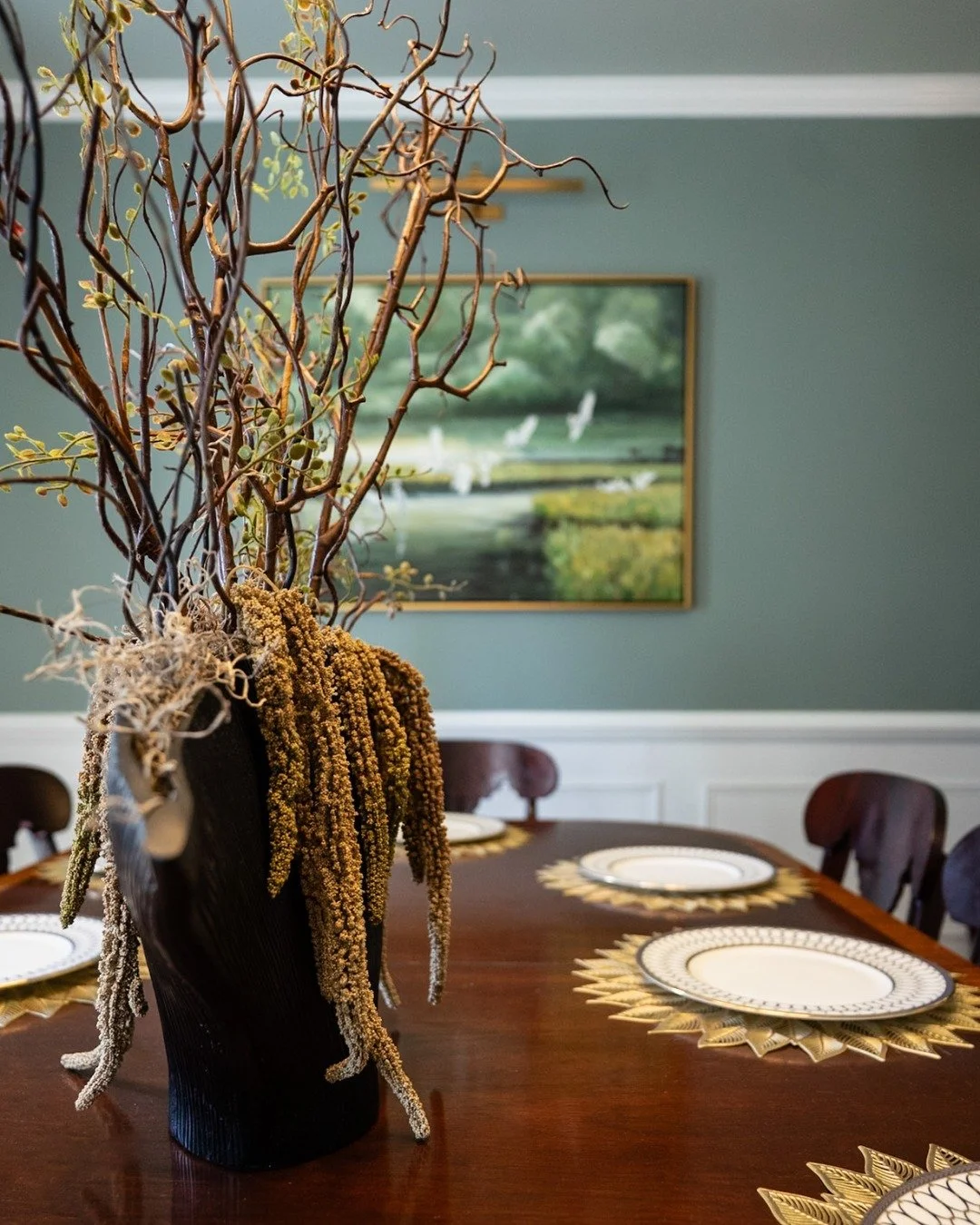 We&rsquo;re thrilled that we got this space finished in time for the client to host a huge family gathering! The goal here was to refresh the space with deep color and balance their more traditional existing pieces with modern needs. Truly, there's n