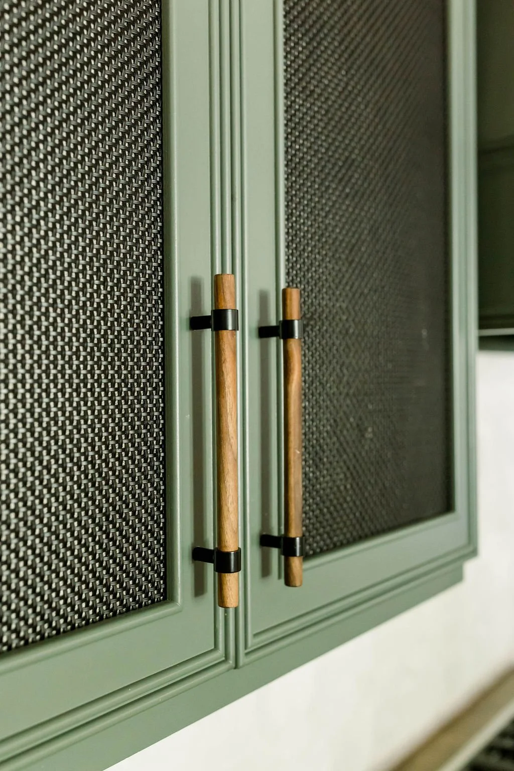Close-up of a green cabinet with black mesh panels and wooden handles.