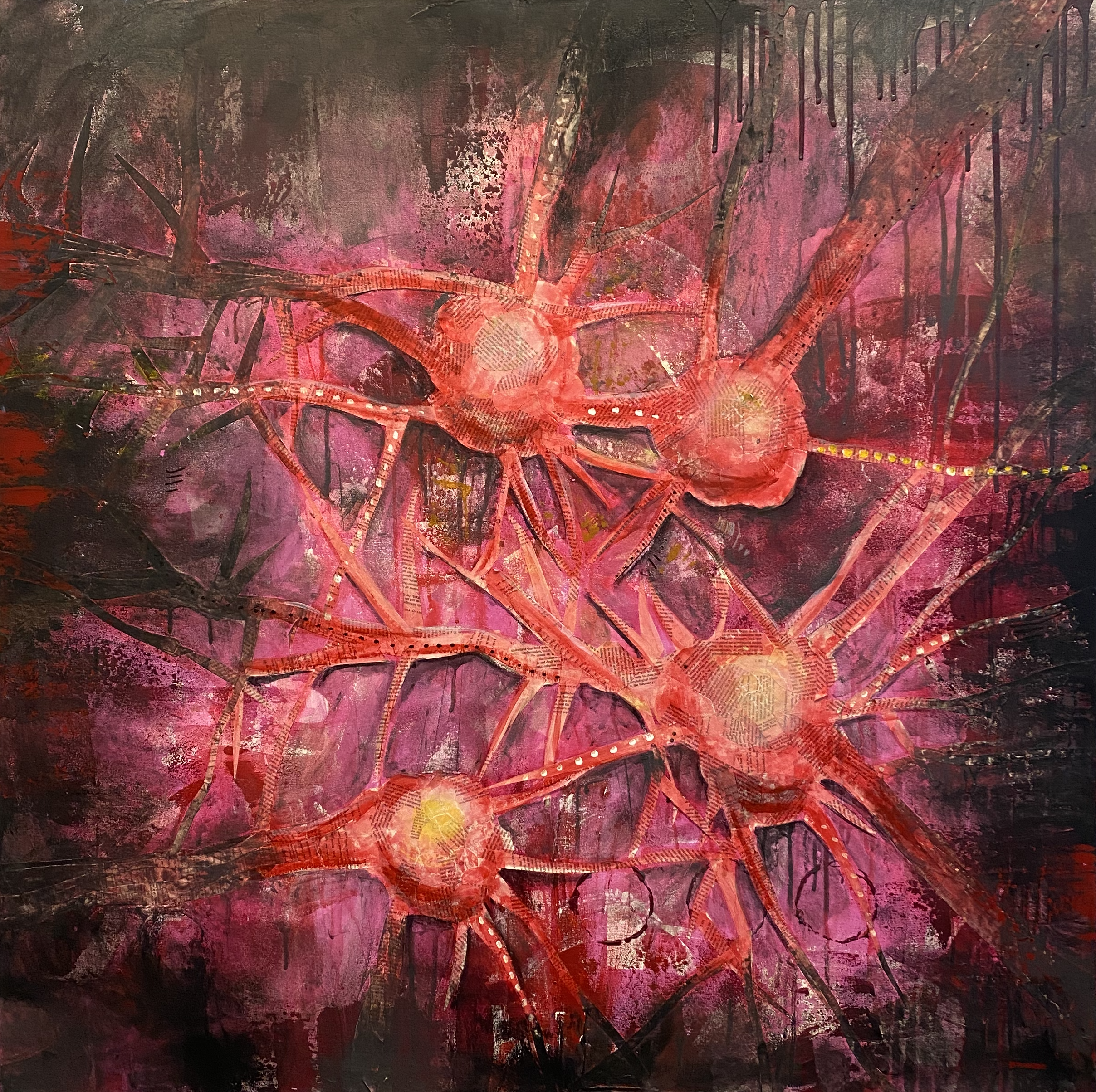 Neurons 4 (2022), 48" x 48" Acrylic, vintage prescriptions, pigment powder on canvas
