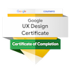Stack of certification documents, with the top one titled 'Google UX Design Certificate of Completion'