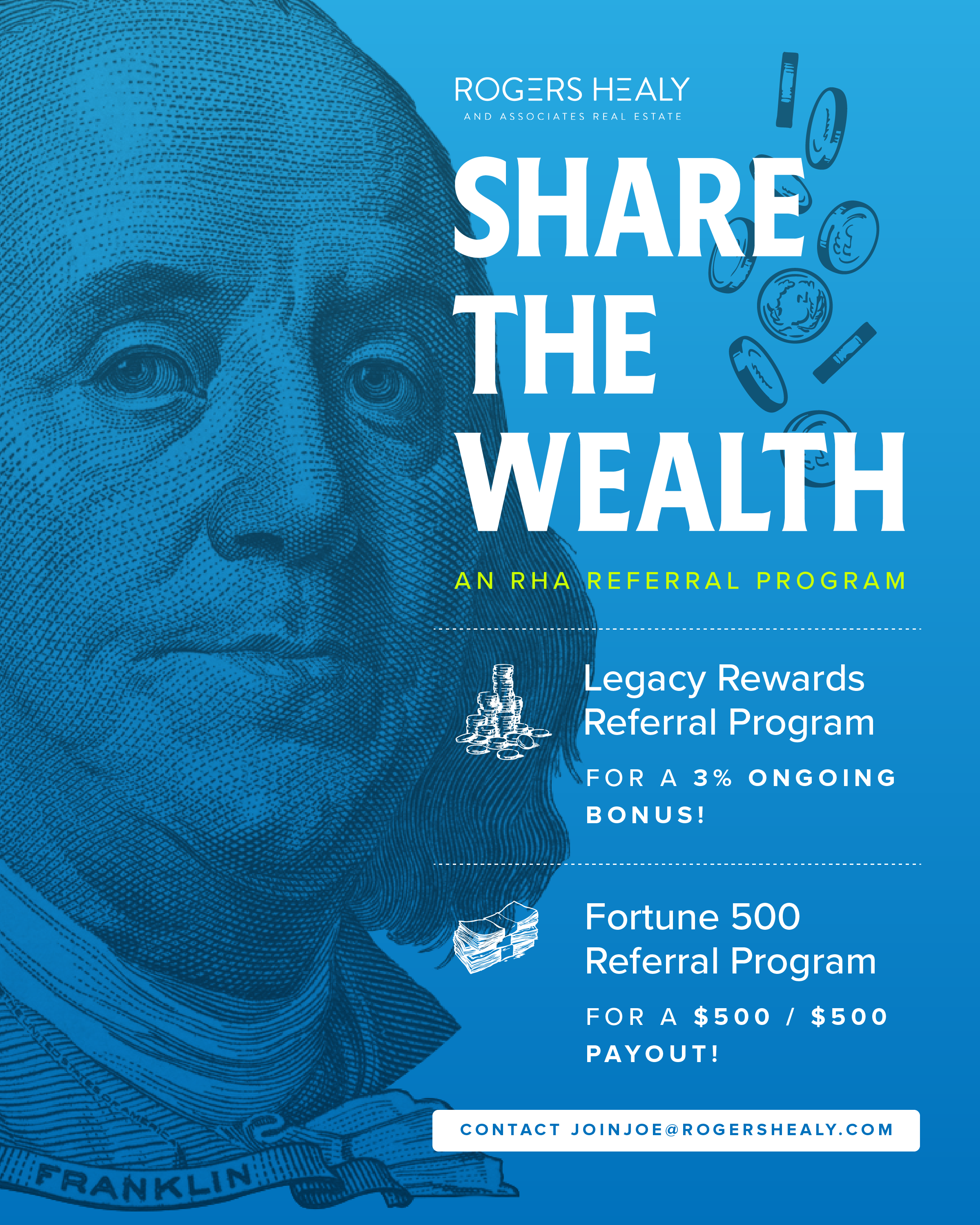 Blue promotional poster with a large, detailed illustration of Benjamin Franklin's face and flying coins. Text promotes fee sharing and referral programs for wealth sharing, including a legacy rewards referral program and a fortune 500 referral progr