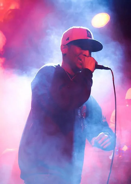 A man wearing a baseball cap and hoodie singing into a microphone on stage with colorful lights and smoke.