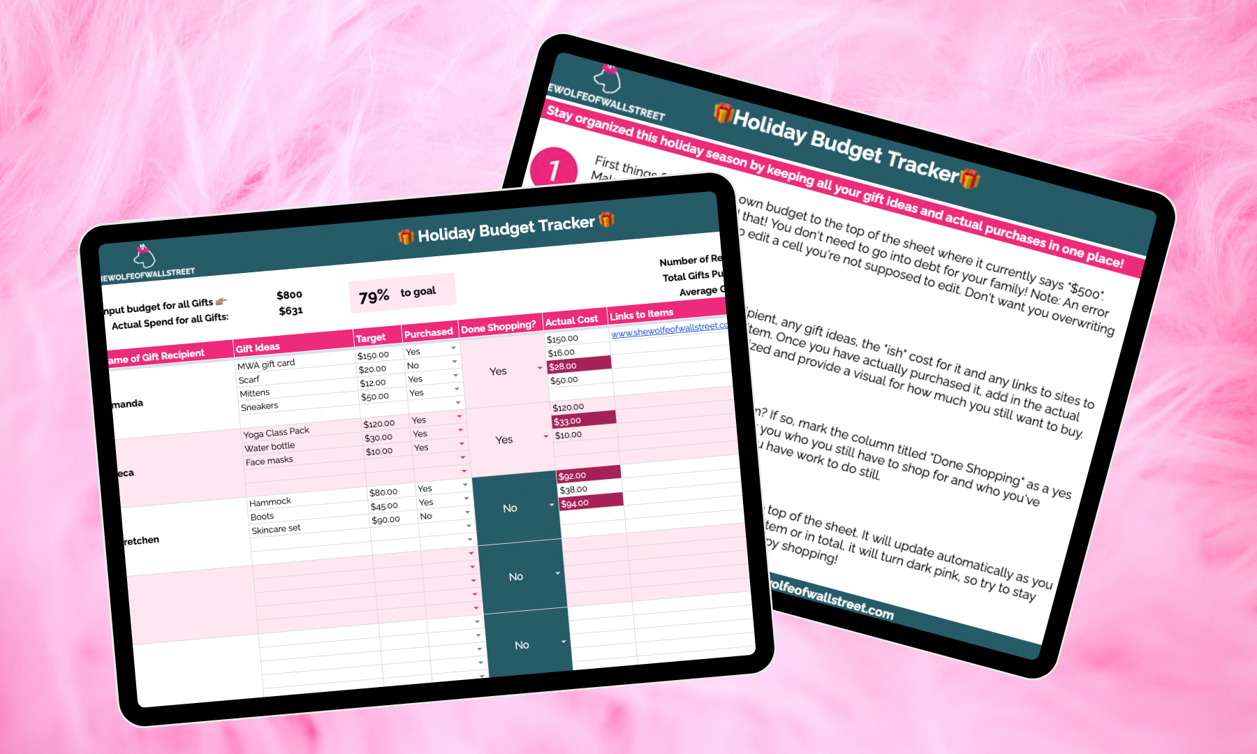 holiday budget tracker workbook on two ipads