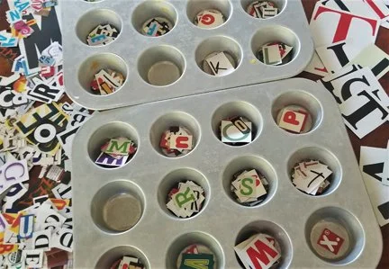sorting ransom note letters into muffin tins
