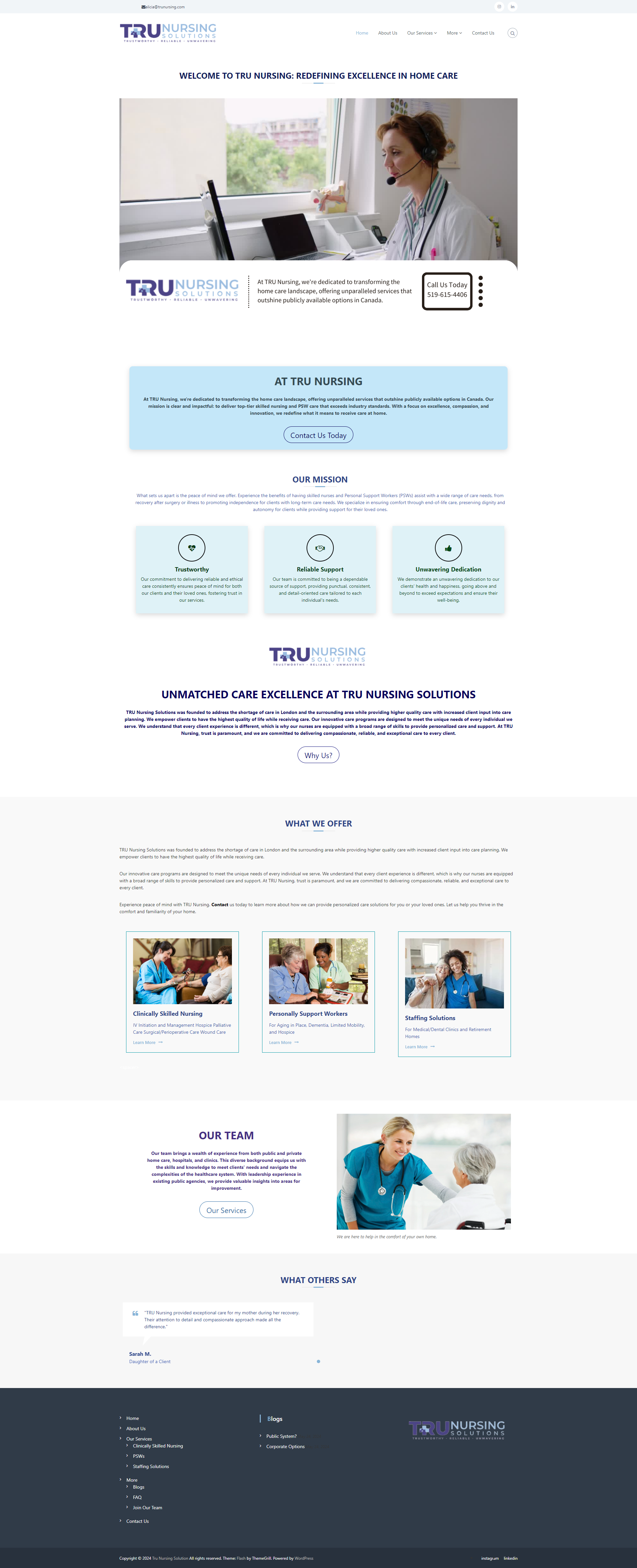 Homepage of TRU Nursing Solutions website featuring a nurse with a headset at a computer, sections about their services, mission, team, and client testimonials.
