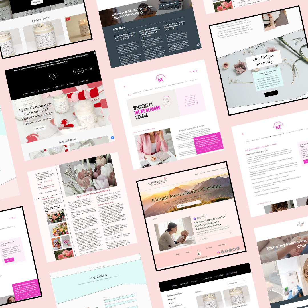 Collage of various website screenshots, including online stores, blogs, and service pages, with a pink background.