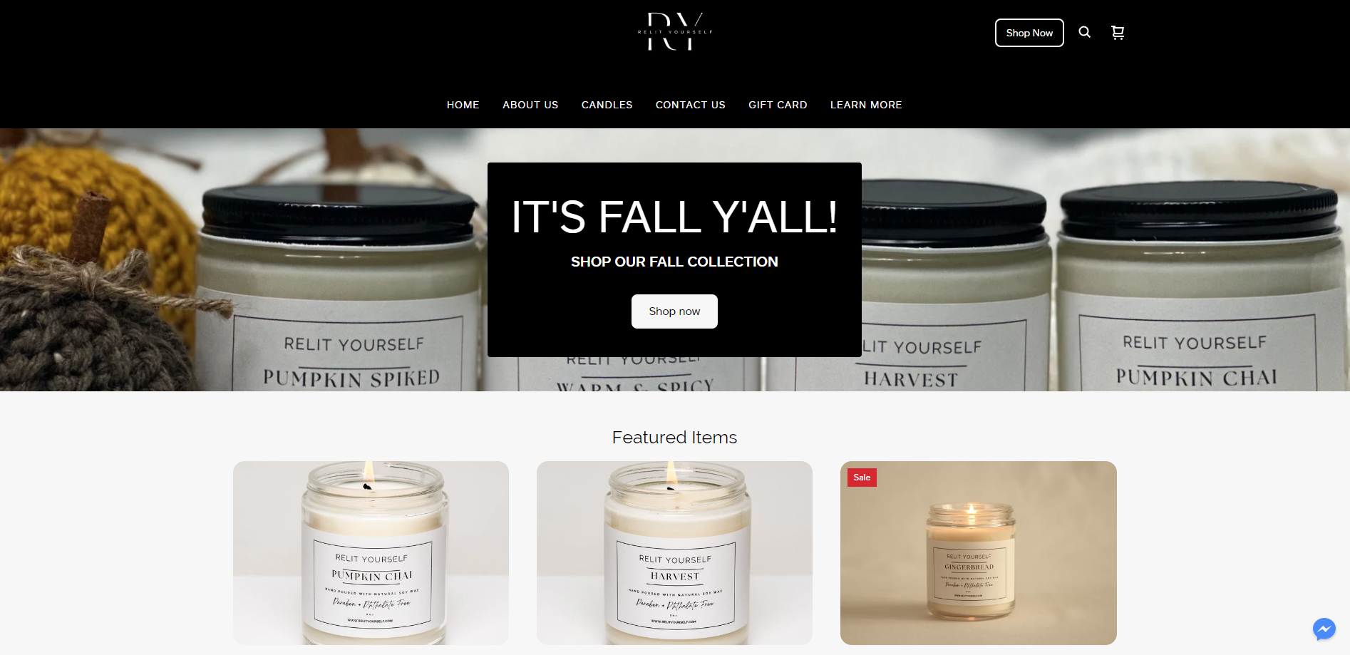 Homepage of Relit Yourself featuring fall-themed candles and decor, with a banner advertising fall collection and featured candles below.