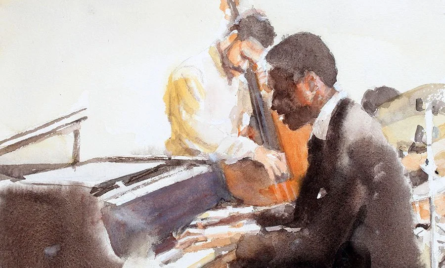 3 Musicians,

Watercolor on paper,

6" x  9"

Painting is inspired by a trio of jazz musicians who were playing a set in New York City. Original painting was most recently on display at the  Southern Watercolor Society: Small Works Exhibition, Panama