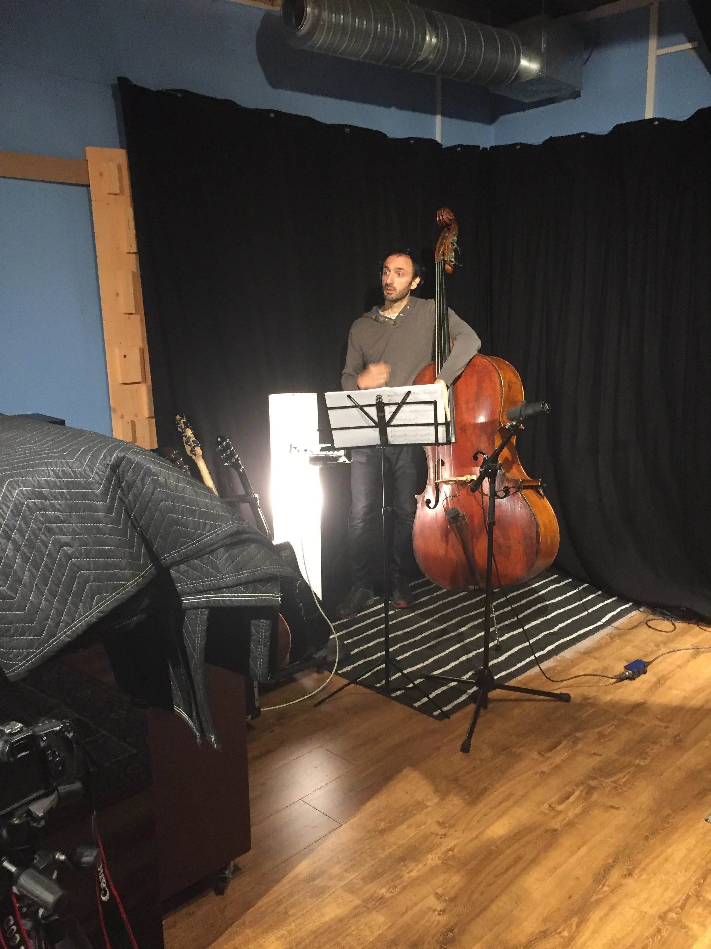 Cormac O'Brien recording double bass at Soundcaster Studios
