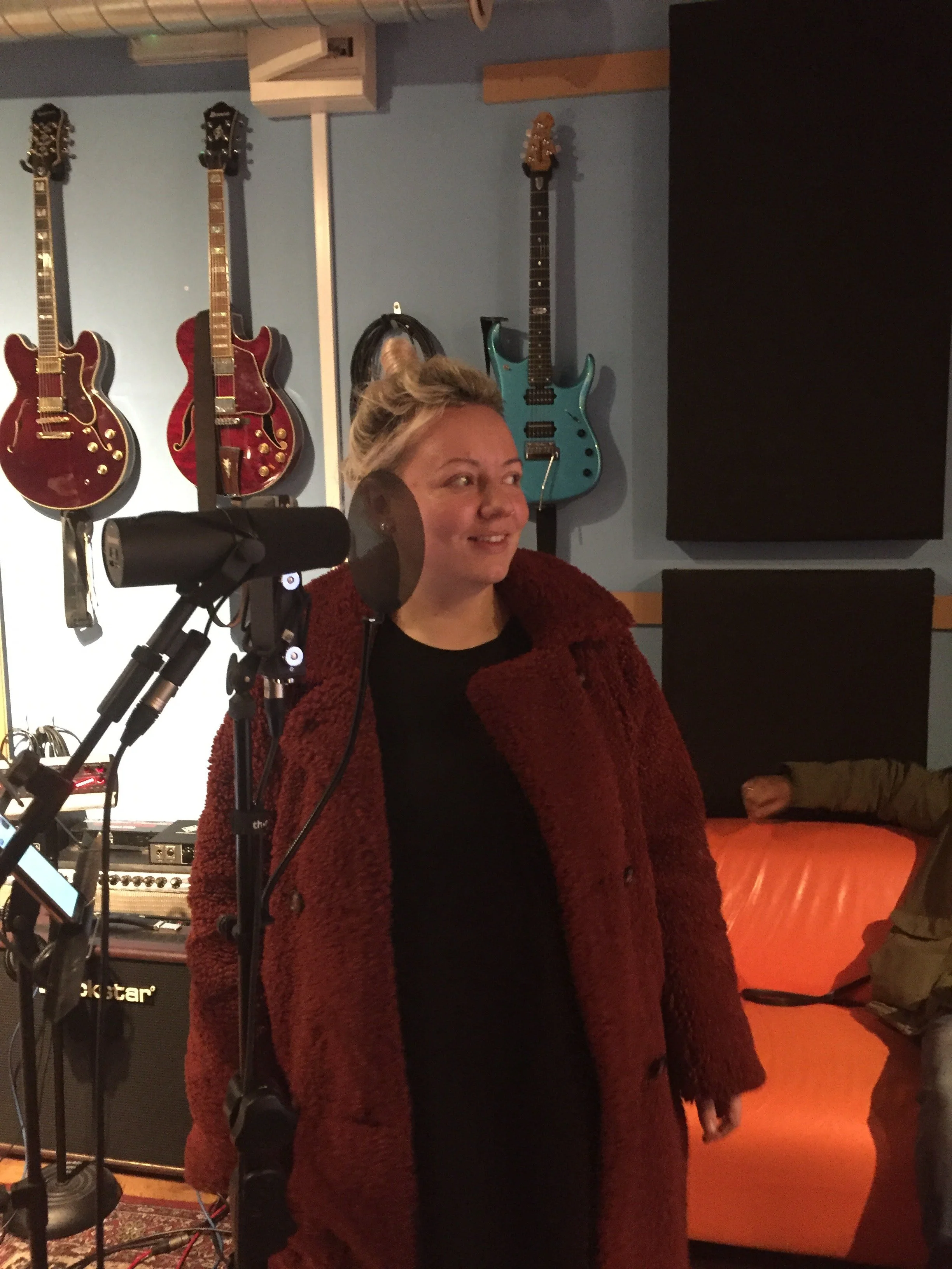 Raimonda recording vocals at Soundcaster Studios