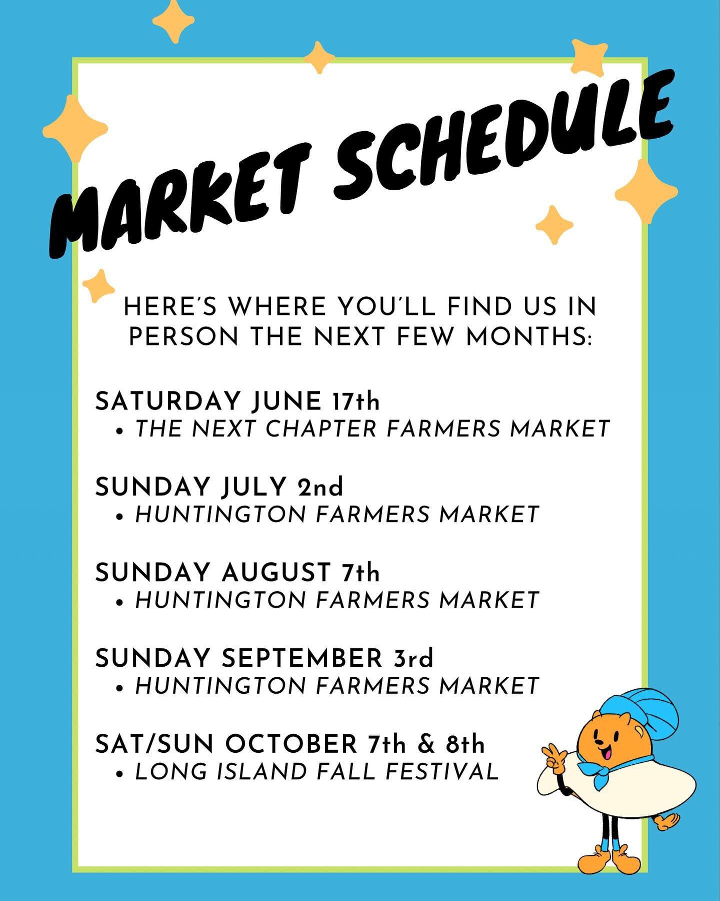 Happy Sunday friends 🌞 This is our current list of in person events for the next few months, and we&rsquo;re so excited to share with you all! Come and hang out with us and have some goodies, this summer&rsquo;s gonna be a blast! ☺️🍪🌻🧁

#everythi