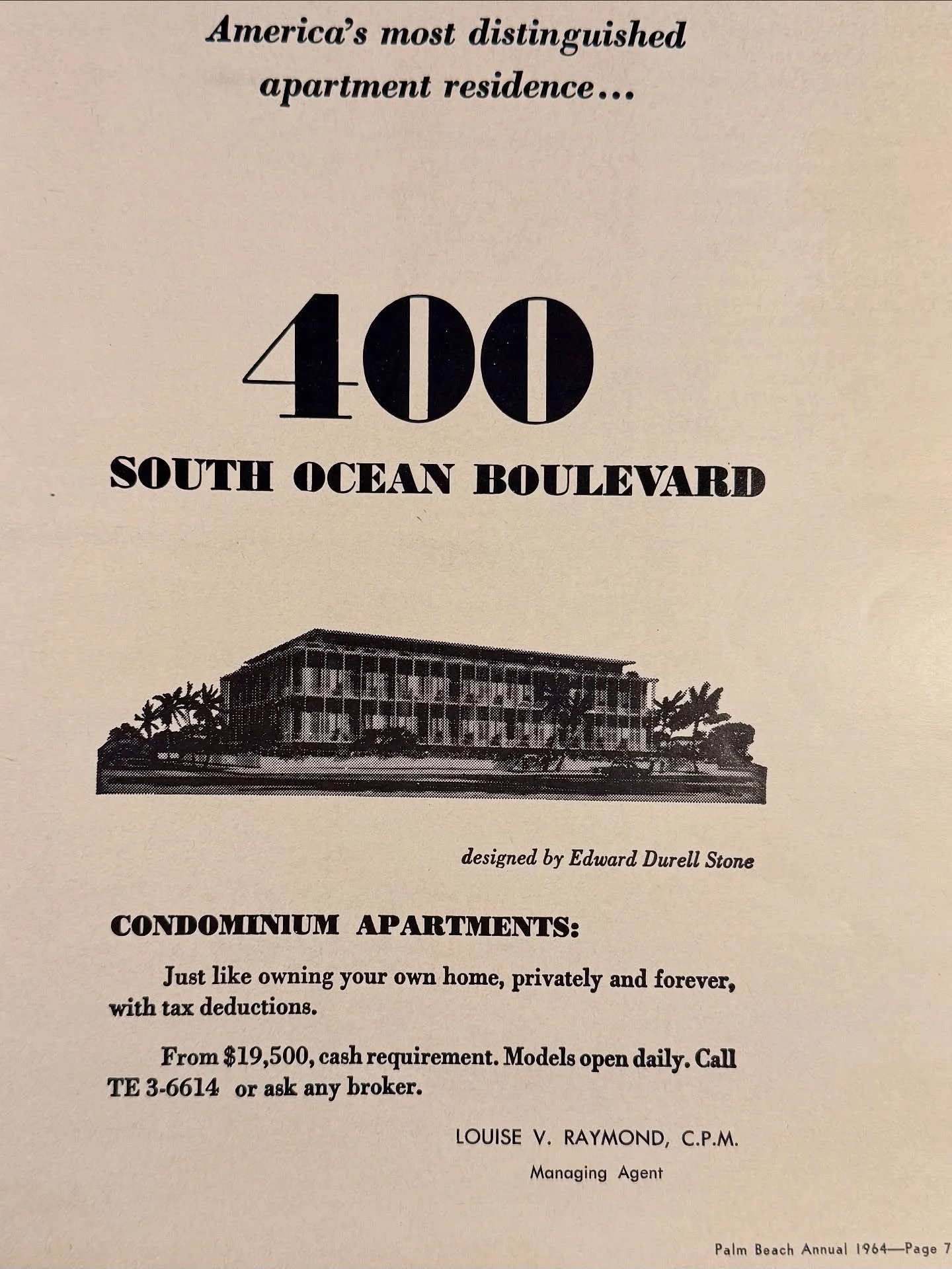 ✨ Throwback to Palm Beach Life, 1964! ✨ Check out this vintage ad for condos at 400 S. Ocean Blvd.  near Worth Avenue&mdash; units starting at just $19,500!

Designed in 1962 by the celebrated architect Edward Durell Stone (think Kennedy Center in DC